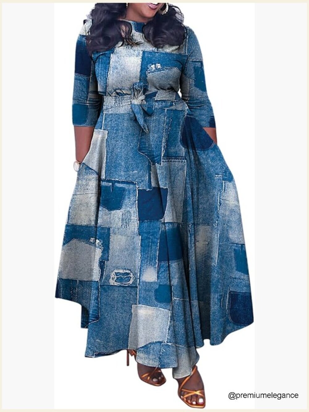 Plus Size Maxi Dress Swing Ruffle 3/4 Sleeve with Belt Flowy Casual